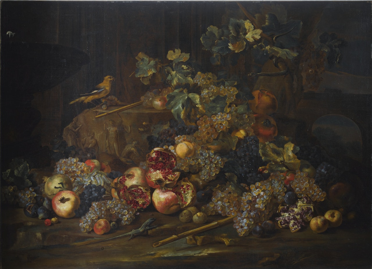 STILL LIFE WITH FRUIT AROUND A STONE BASS RELIEF, WITH A GREEN ANOLE LIZARD IN THE FOREGROUND by Michele Pace del Campidoglio