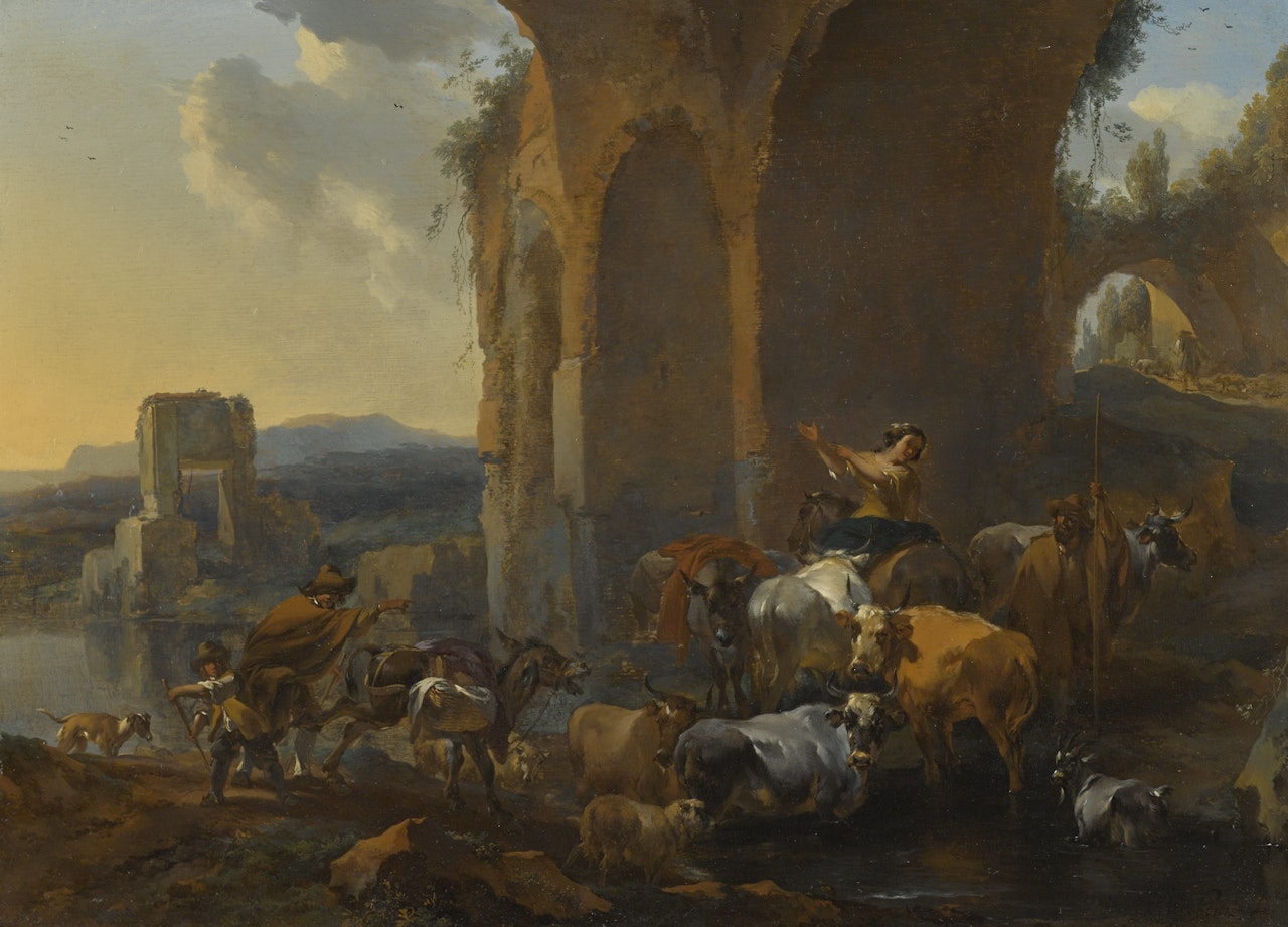 LANDSCAPE WITH HERDSMEN BENEATH RUINS by Nicolaes Pietersz Berchem
