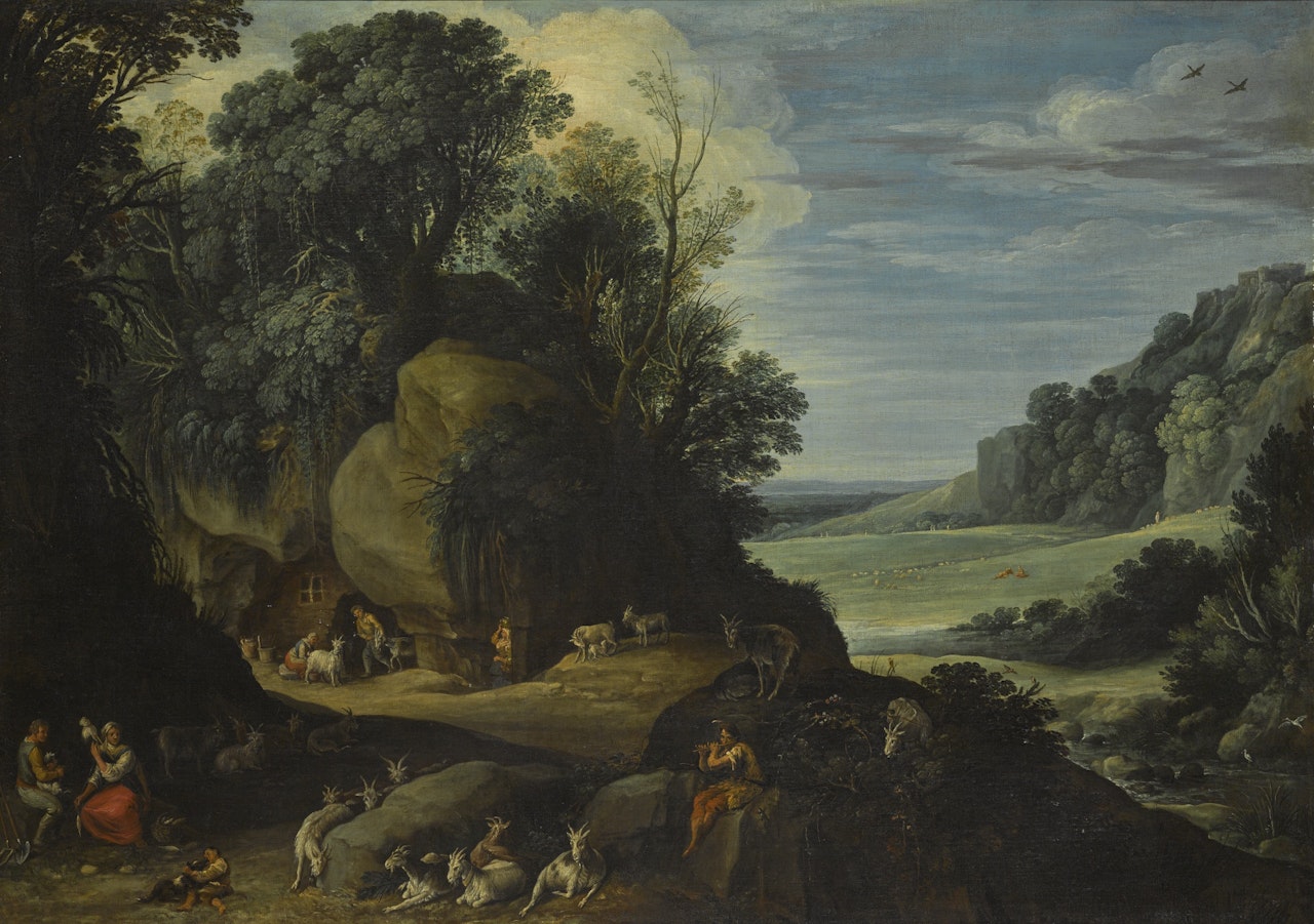 AN EXTENSIVE LANDSCAPE WITH HERDSMEN RESTING ON A ROCKY OUTCROP, A WOMAN SPINNING WOOL IN THE FOREGROUND by Paul Bril