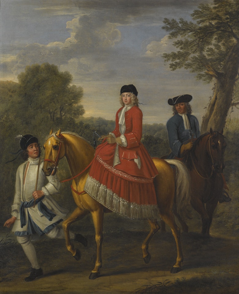 EQUESTRIAN PORTRAIT OF LADY HENRIETTA HARLEY, COUNTESS OF OXFORD AND COUNTESS MORTIMER (1694–1755) LED BY A GROOM WITH A HUNT ATTENDANT, IN A LANDSCAPE by John Wootton