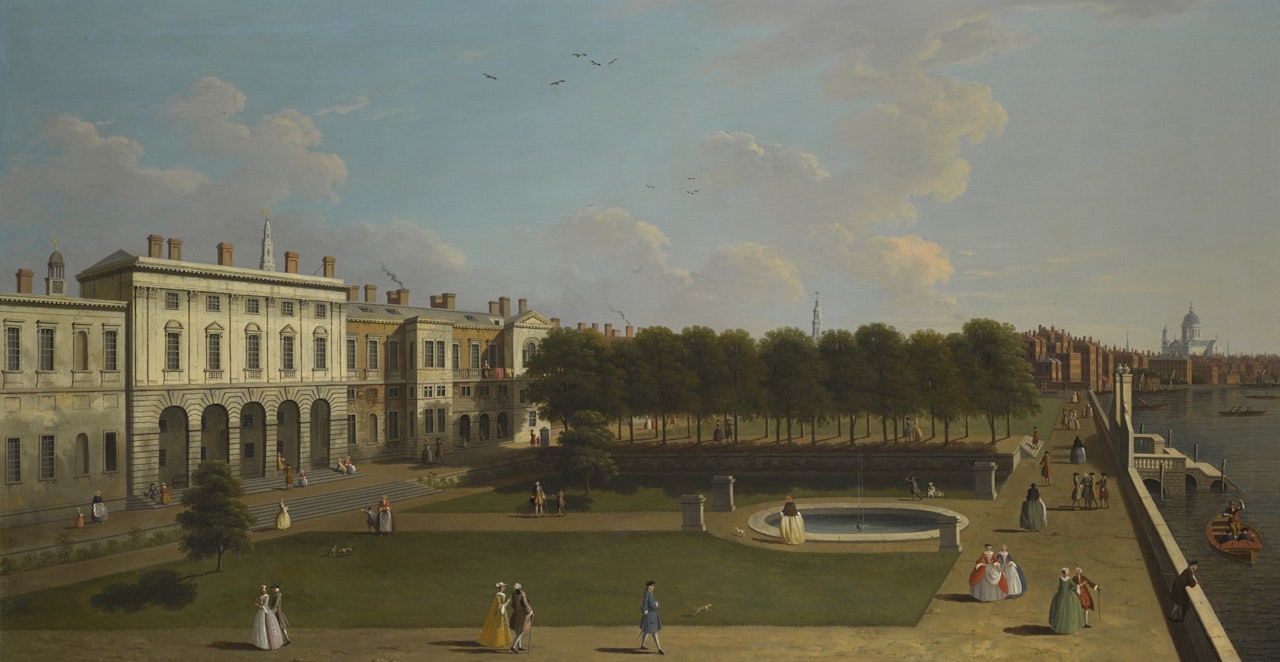 LONDON, A VIEW OF THE THAMES FROM THE TERRACE OF OLD SOMERSET HOUSE, SAINT PAUL’S IN THE DISTANCE by Follower of Canaletto