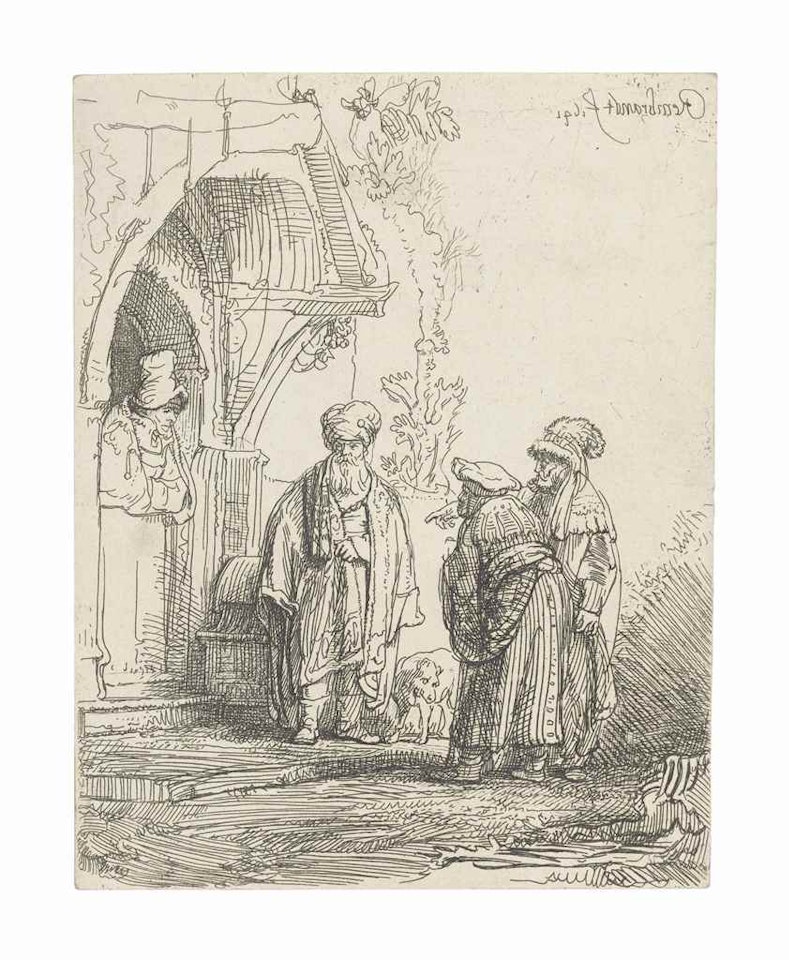 Three Oriental Figures (Jacob and Laban?) by Attributed to Rembrandt Harmensz van Rijn