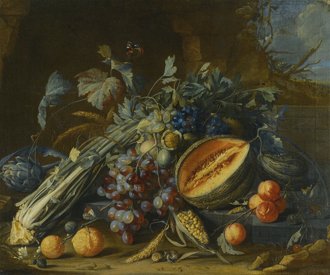 STILL LIFE OF FRUIT, INCLUDING A MELON, GRAPES, ORANGES AND PEACHES, TOGETHER WITH AN ARTICHOKE, CELERY, WALNUTS AND CORN, ARRANGED ON A LEDGE WITH BUTTERFLIES AND SNAILS BEFORE A STONE GROTTO IN A LANDSCAPE by Cornelis de Heem