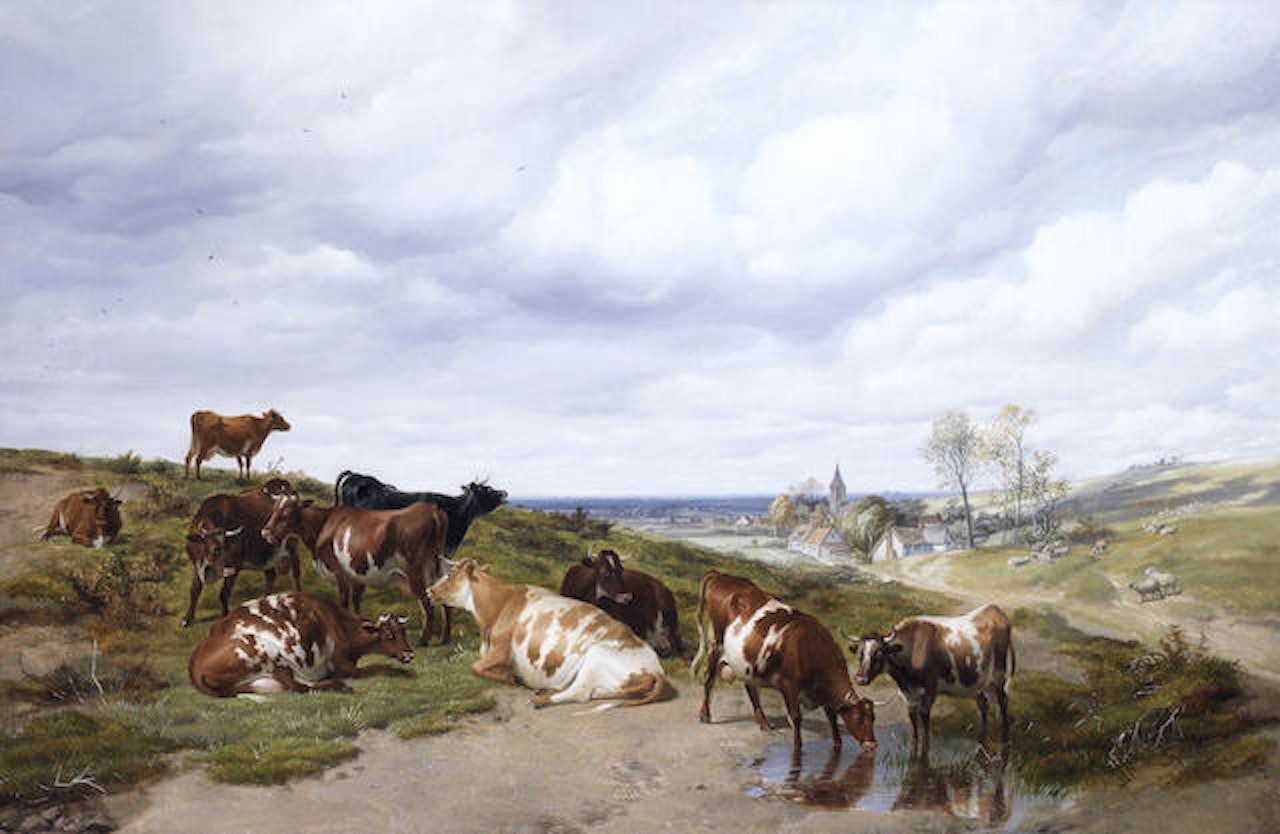 Cattle resting on a hillside by Thomas Sidney Cooper