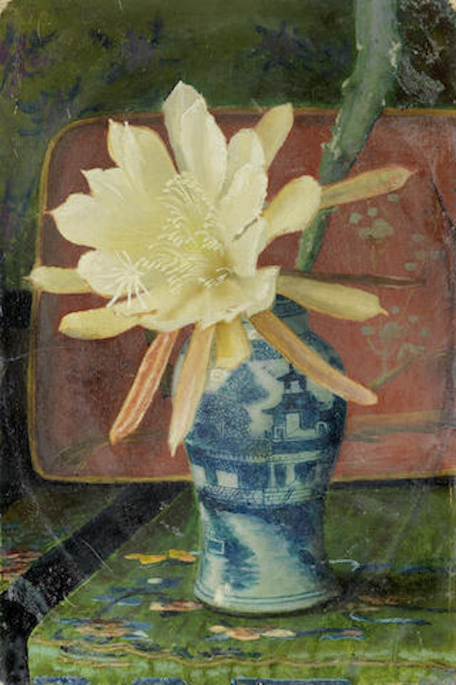 Still life with a Chinese blue and white vase by John Atkinson Grimshaw