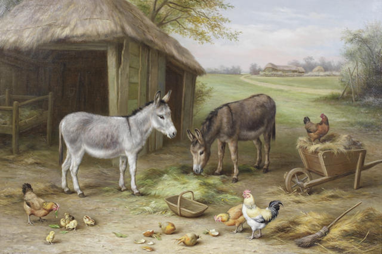 Donkeys and chickens in a farmyard by Edgar Hunt