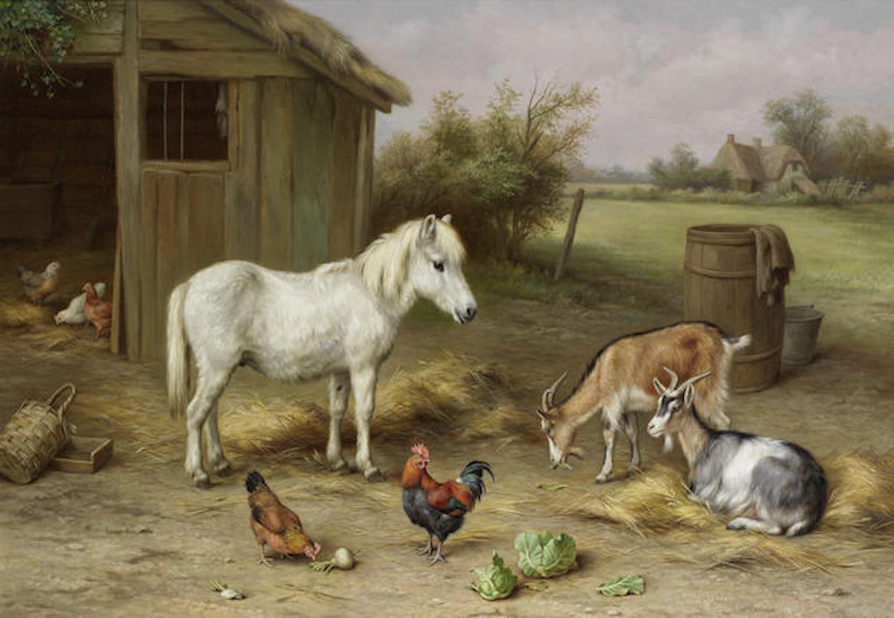 A grey pony, goats and chickens in a farmyard by Edgar Hunt