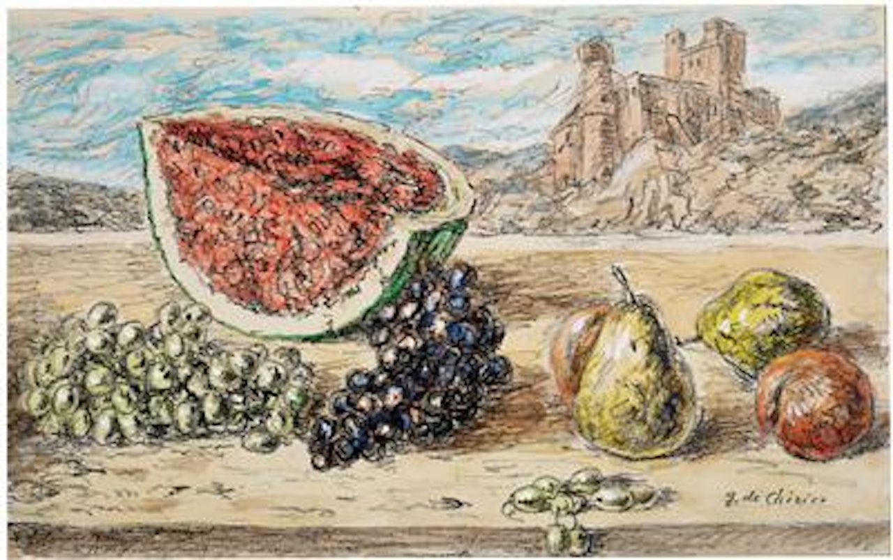 Natura morta con frutta e castello by Giorgio de Chirico