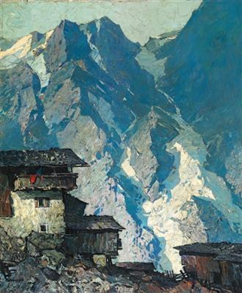 Homestead in the mountains, in the background rock faces with glacier tongues by Oskar Mulley