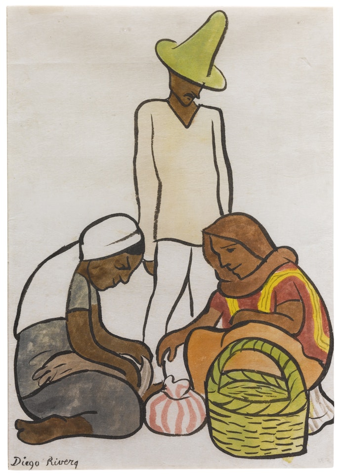 MUJERES SENTADAS Y HOMBRE CON SOMBRERO by Diego Rivera
