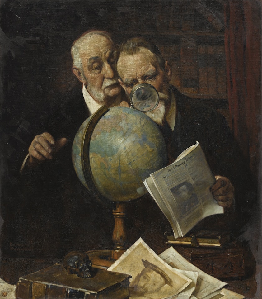 SETTLING AN ARGUMENT (TWO MEN CONSULTING THE GLOBE) by Norman Rockwell