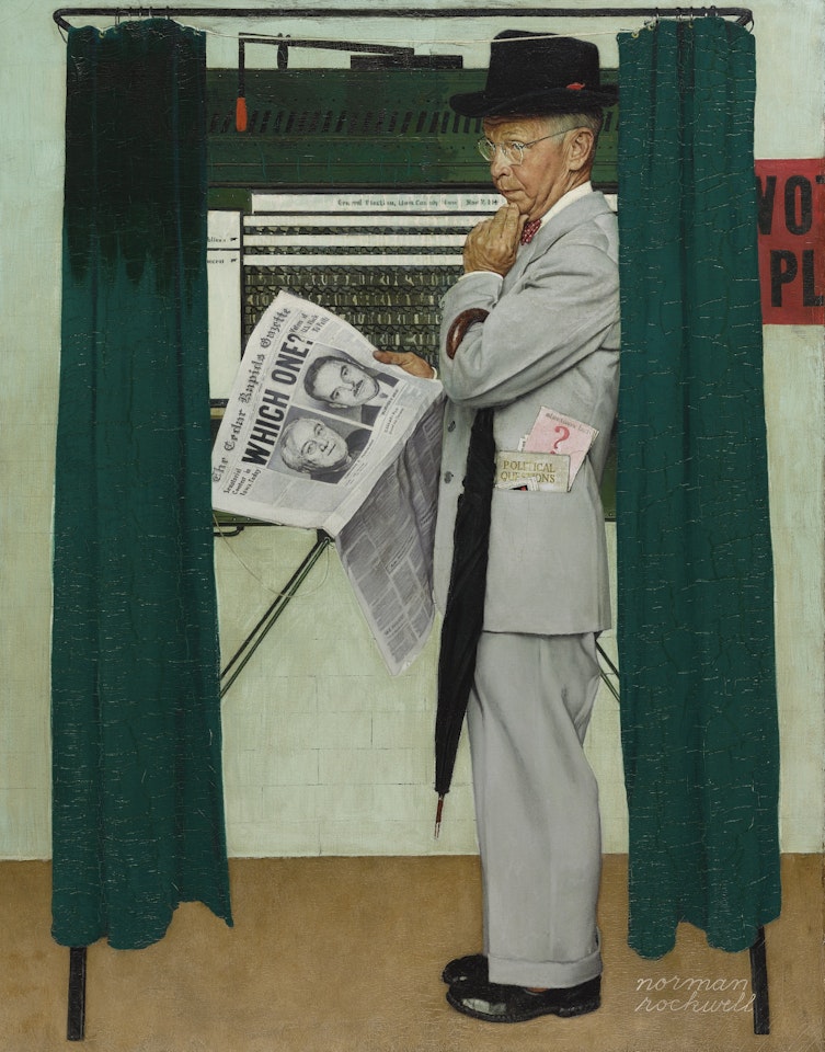 WHICH ONE? (UNDECIDED; MAN IN VOTING BOOTH) by Norman Rockwell