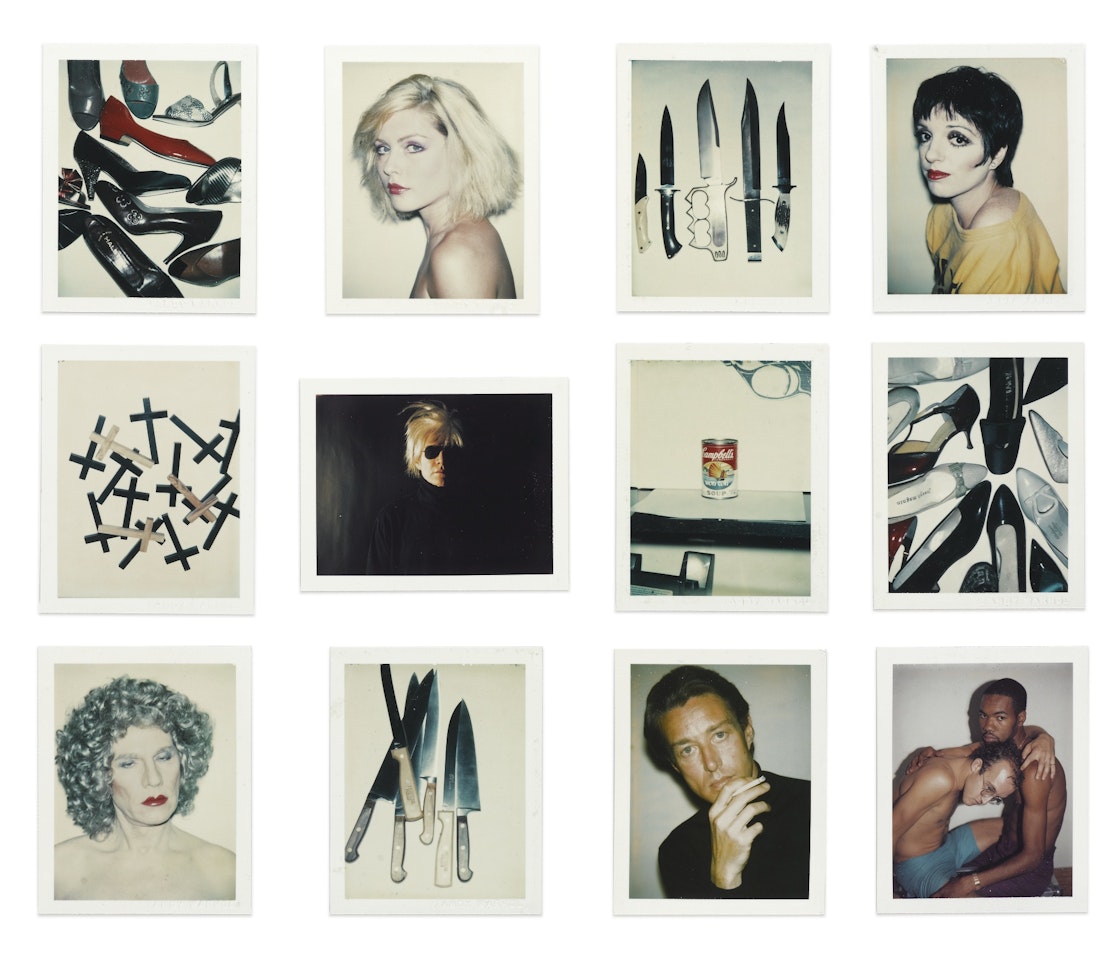 I. SHOES; II. DEBBIE HARRY; III. KNIVES; IV. LIZA MINELLI; V. CROSSES; VI. SELF-PORTRAIT WITH FRIGHT WIG; VII. CAMPBELL'S WONTON SOUP; VIII. SHOES; IX. SELF-PORTRAIT IN DRAG; X. KNIVES; XI. HALSTON; XII. KEITH HARING AND JUAN DUBOSE [TWELVE WORKS] by Andy Warhol