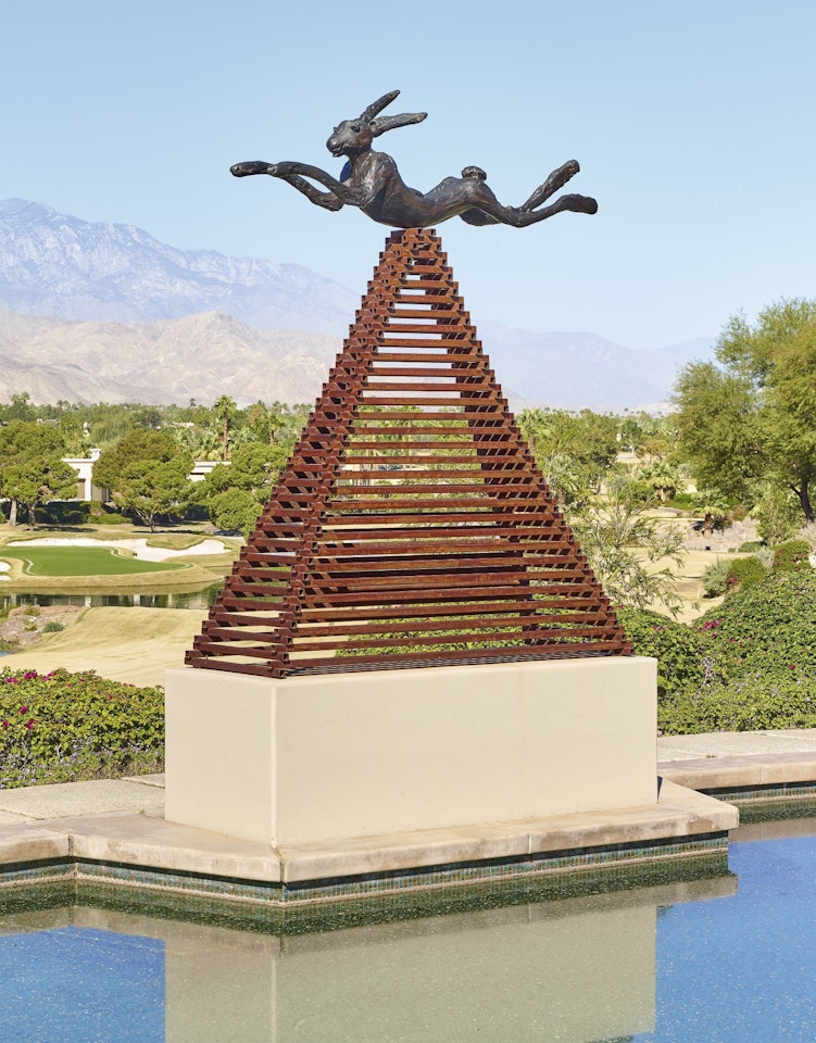 SIX FOOT LEAPING HARE ON STEEL PYRAMID  by Barry Flanagan