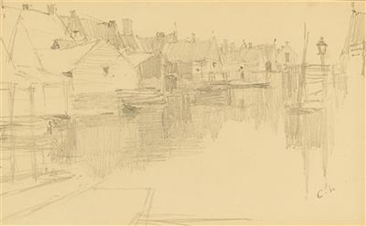 Houses on the banks of a river by Camille Pissarro