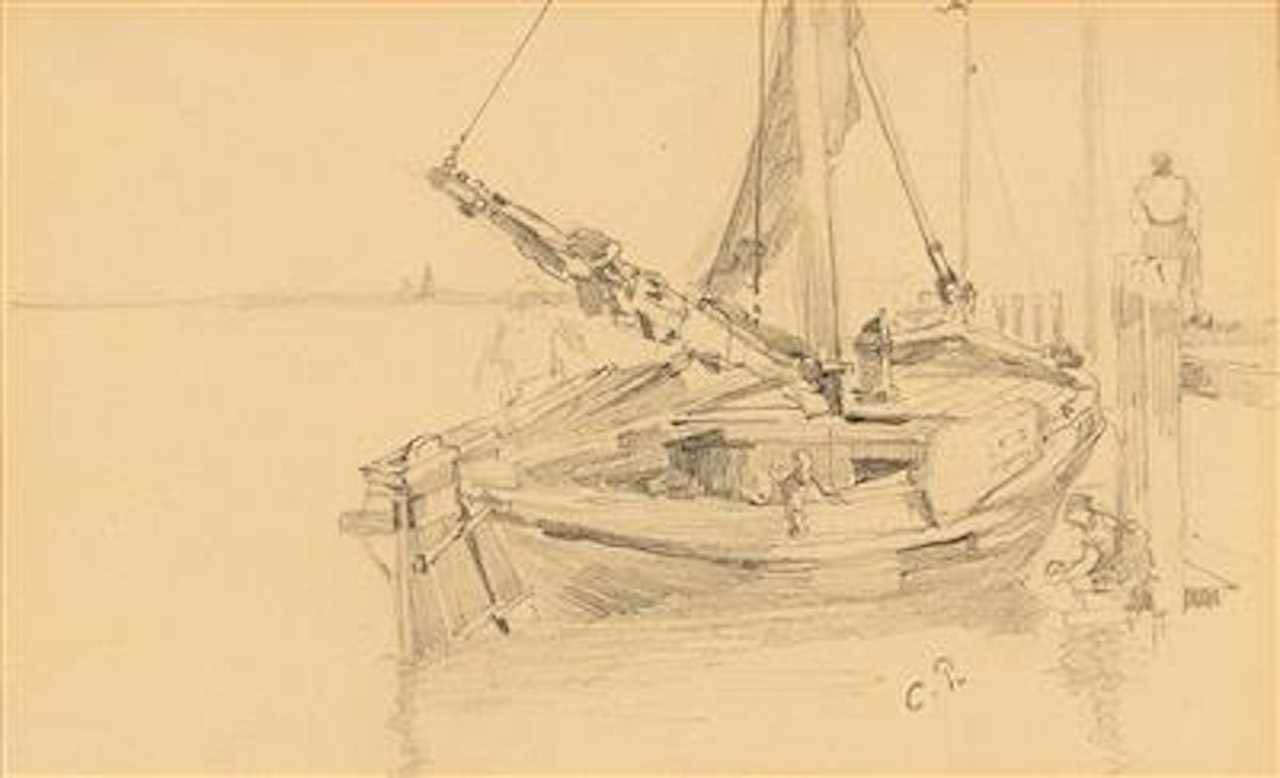 Harbour scene with sailing boat by Camille Pissarro