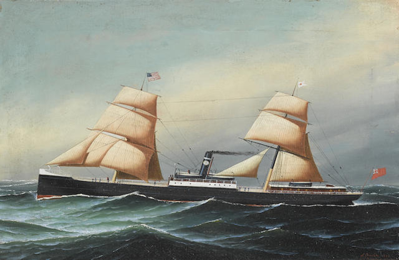 A British sail/stem vessel of the (P) line at sea by Antonio Jacobsen