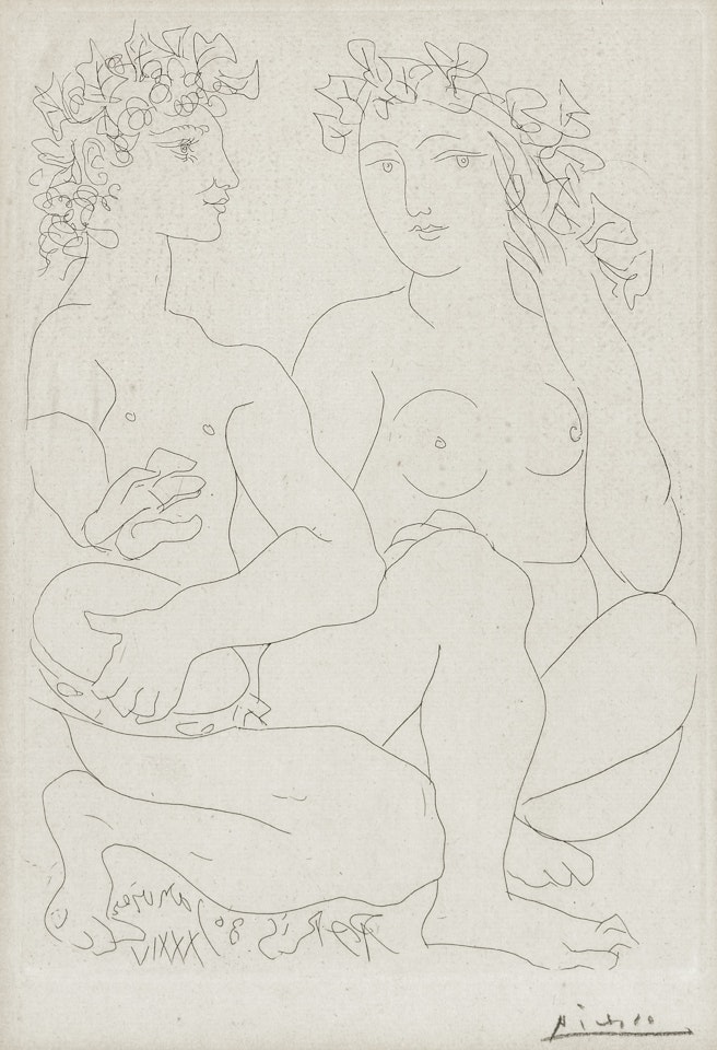 JEUNE BACCHUS AU TAMBOURIN AVEC UNE BACCHANTE (B. 212; BA. 411) by Pablo Picasso