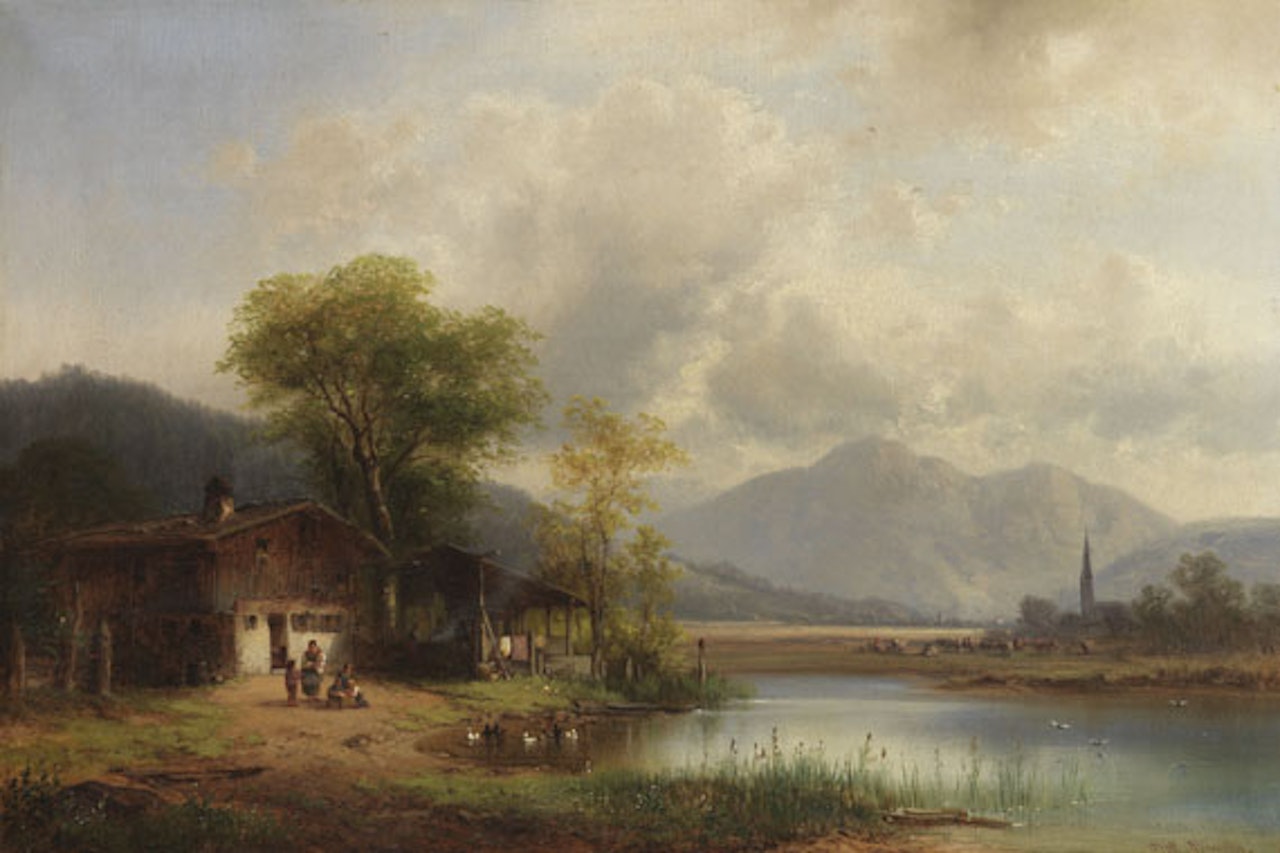 Oberbayerische Landschaft mit Waschhaus am See by Anton Doll