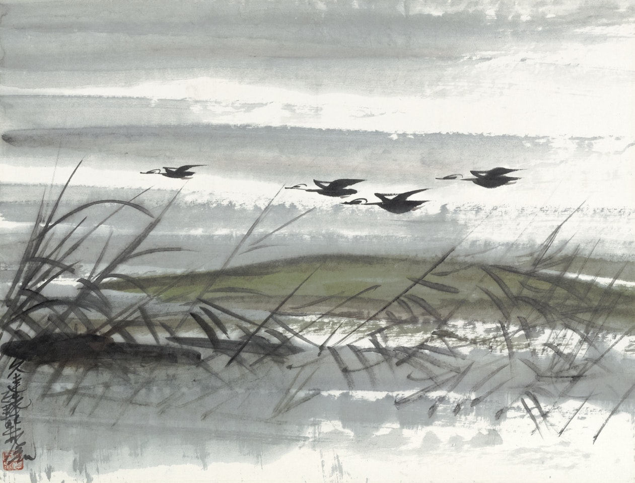 FLYING GEESE BY THE REEDS by Lin Fengmian
