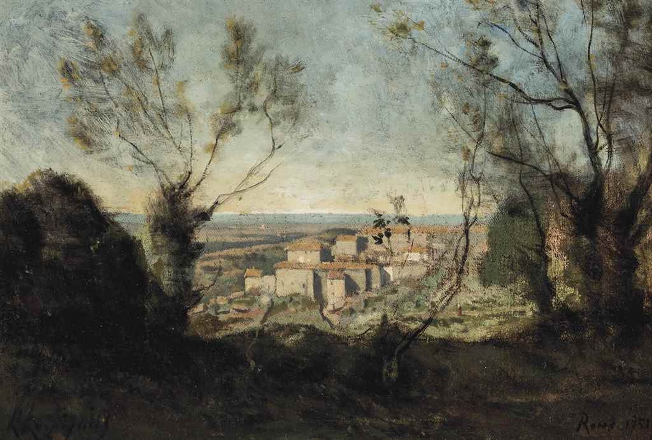 An Italian hill town on the outskirts of Rome by Henri Harpignies
