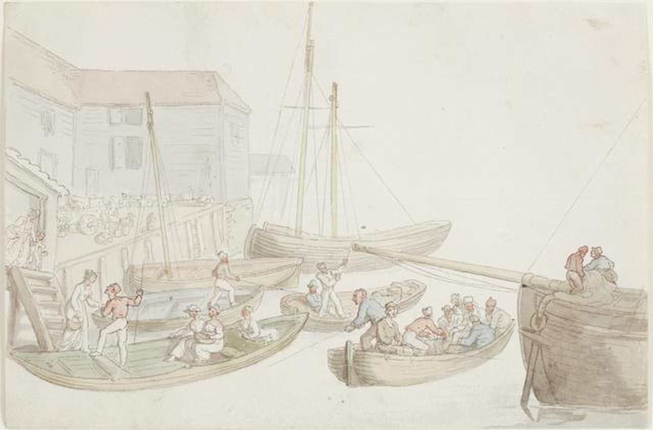 Figures in boats by the quay by Thomas Rowlandson