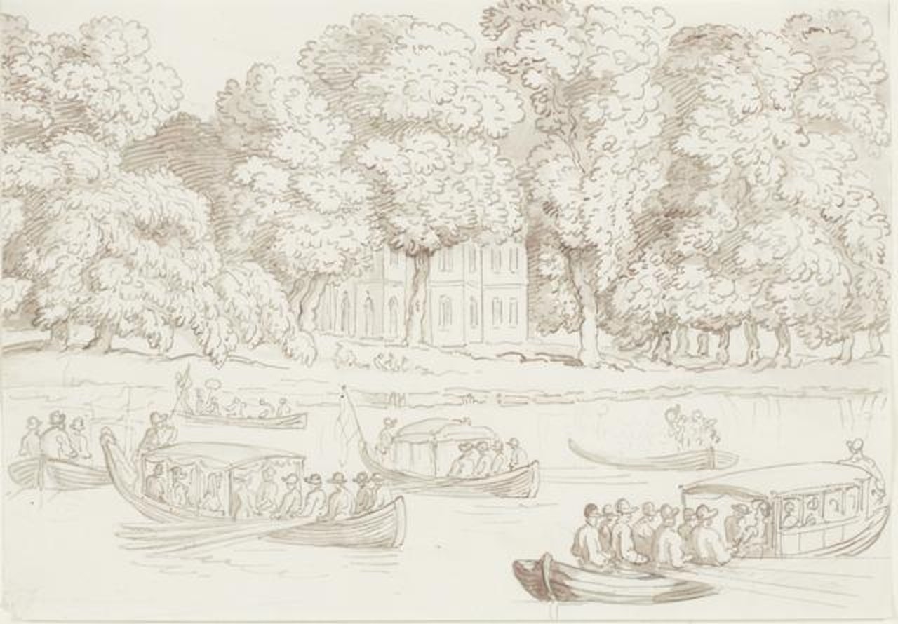 Figures boating before a country house by Thomas Rowlandson