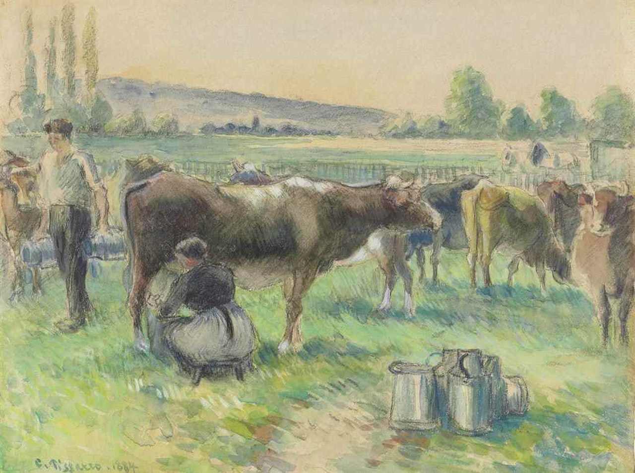 La traite des vaches, Éragny by Camille Pissarro