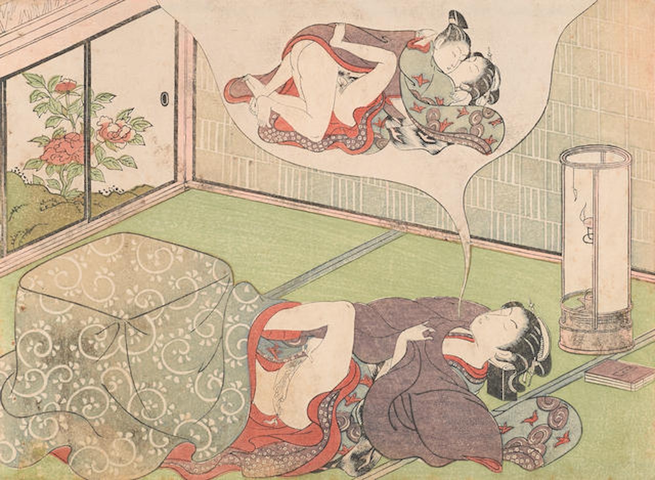 Beauty leaning back from a kotatsu and engaged in pleasurable pursuits while thinking of her lover's amorous embrace by Suzuki Harunobu