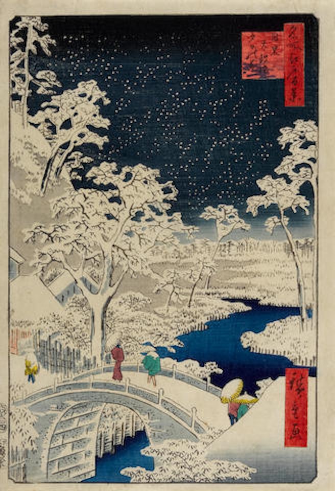 Meguro Taikobashi Yuhinooka (Meguro Drum Bridge and Sunset Hill) by Utagawa Hiroshige