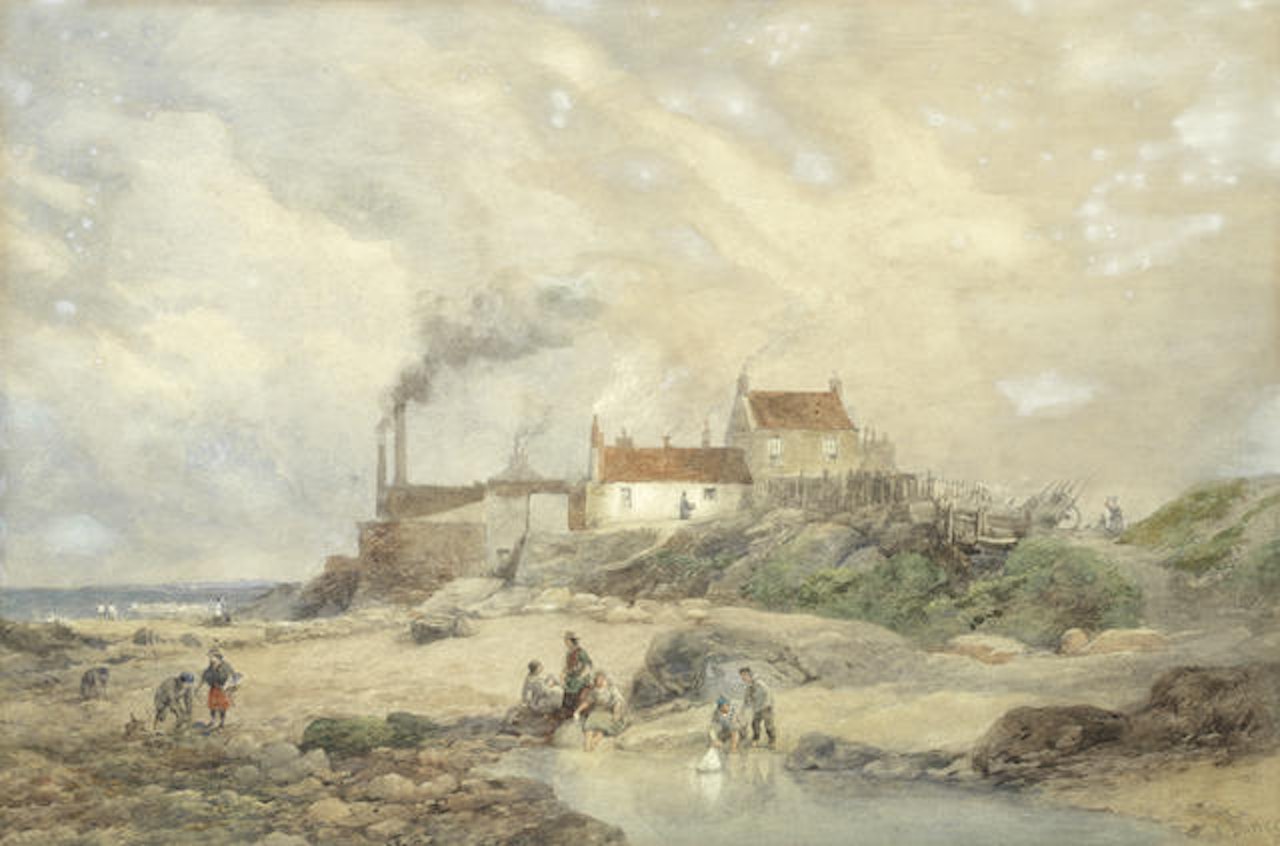 Children playing on the beach with smoke house beyond, probably Norfolk by Edward Duncan