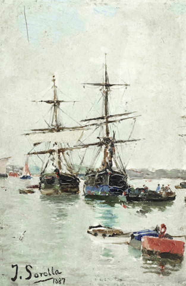 Boats in a harbour by Joaquin Sorolla Y Bastida