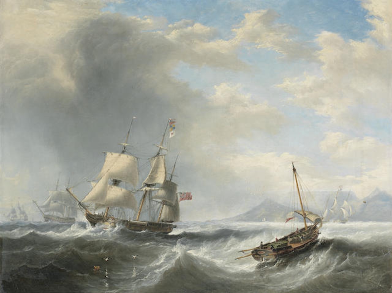 A 'Squadron of the Red' of the Royal Navy wallowing in heavy seas in Table Bay, the flagship making a signal and the frigate nearest inshore signalling her reply by John Wilson Carmichael