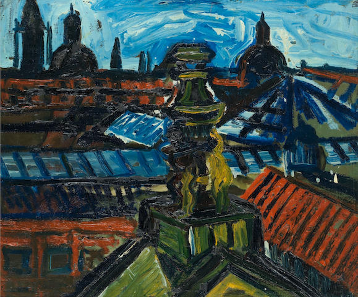 View of V&A with red in roofs' by John Bratby