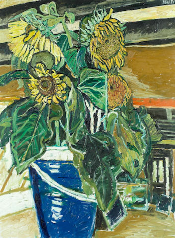 Sunflowers in a Blue Bucket' by John Bratby