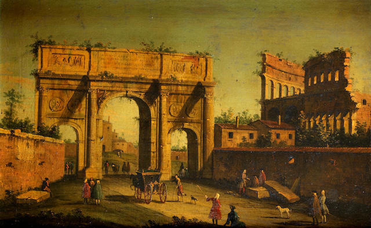 The Arch of Constantine, with travellers passing through, the ruins of the Colosseum beyond by Italian School