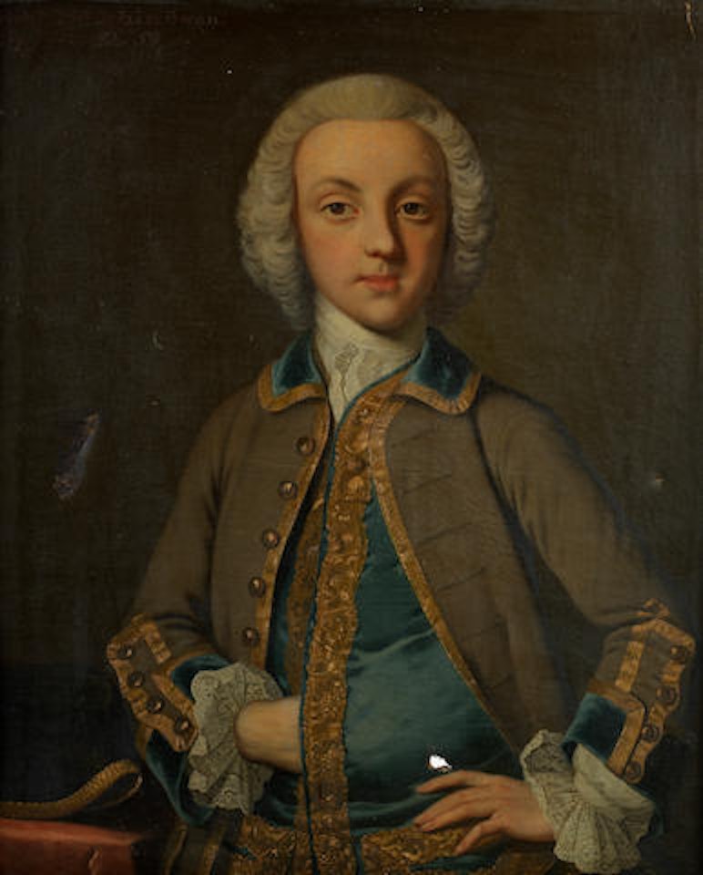 Portrait of Robert Godolphin Owen, half-length, in a gold braided grey-brown coat  by English School