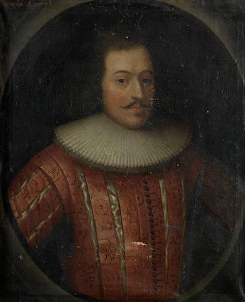 Portrait of Lewis Anwyl of Parke, bust-length, in a red and white slashed doublet, within a painted oval by English School