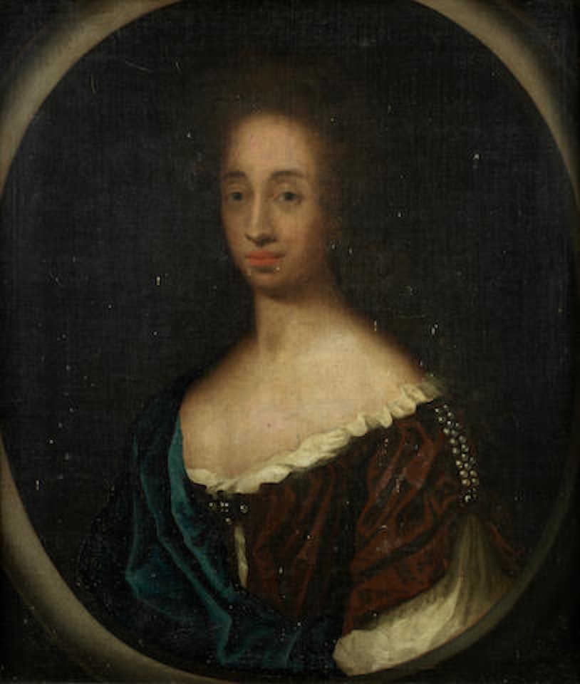 Portrait of a gentleman, traditionally identified as William Owen, bust-length, in armour, within a painted oval; Portrait of a lady, traditionally identified as Catherine Owen, bust-length, in a red dress and blue wrap, within a painted oval; and Portrait of a lady, traditionally identified as Margaret Owen, bust-length, in a blue dress, within a painted oval by English School