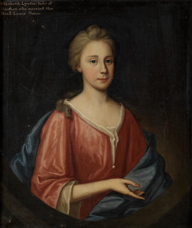 Portrait of Elizabeth Lyster, half-length, in a red dress and blue wrap, within a painted oval by English School