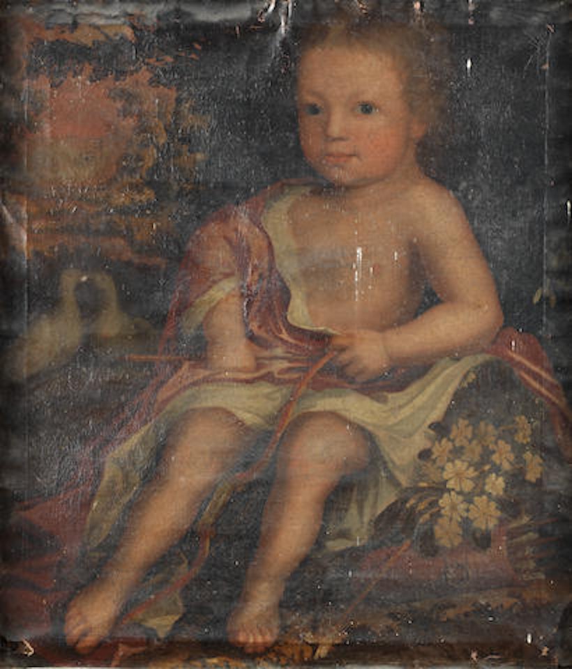Portrait of a boy, traditionally identified as a son of John Owen, as Cupid, before a landscape by English School