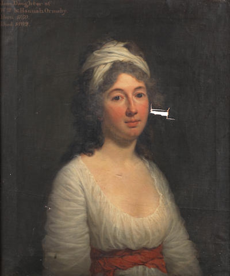 Portrait of Jane Ormsby, half-length, in a white dress with a red sash  by English School