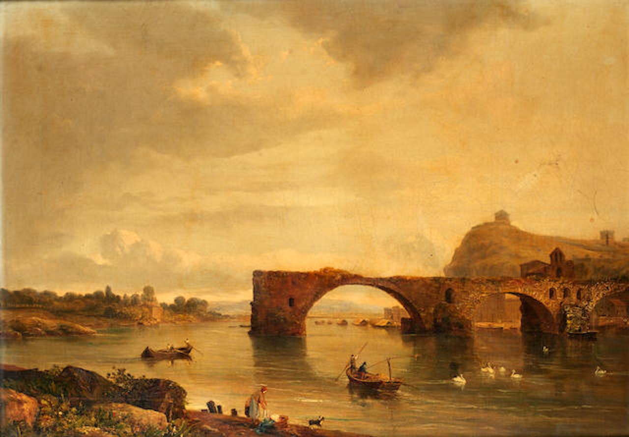 An extensive river landscape with a bridge by English School