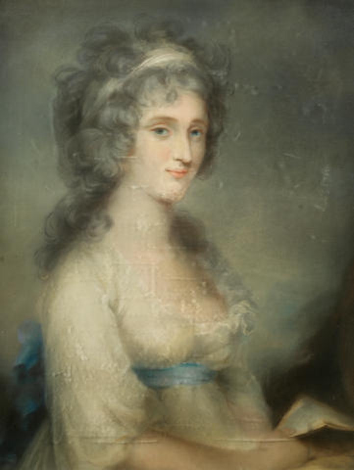 Portrait of a lady, traditionally identified as Frances Jane Gore, half-length, in a white dress and blue sash by English School