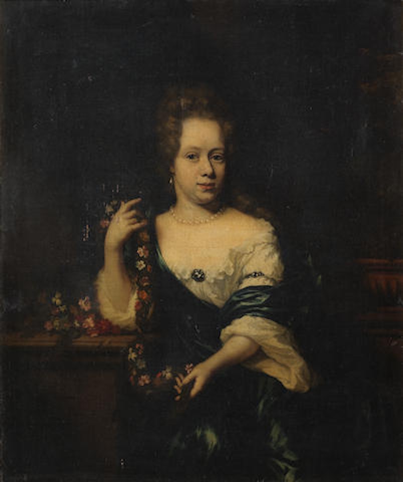 Portrait of a lady three-quarter-length, in white dress and blue silk shawl by Nicolaes Maes