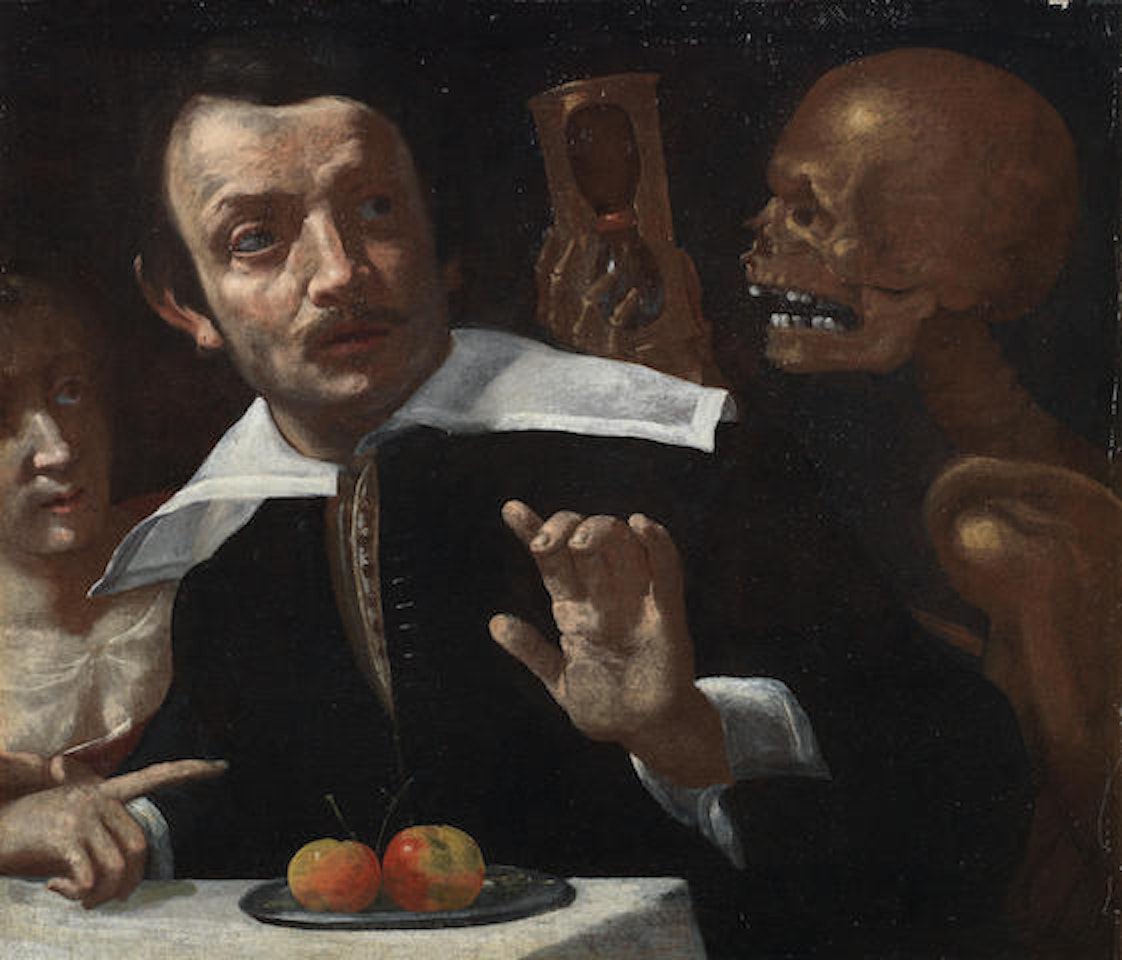 A vanitas scene with death holding an hour glass behind a startled man by Giovanni Martinelli