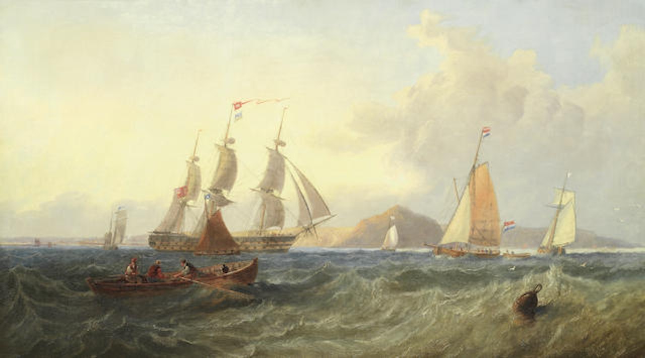 A '74' of the Royal Navy beating along the coast in a stiff breeze, the flags at her main masthead signalling "Adieu" to the many smaller vessels nearby by John Wilson Carmichael