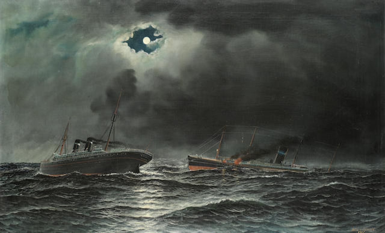 The American liner St. Louis hove-to in mid-Atlantic rendering assistance to another vessel endangered by a fire by Antonio Jacobsen