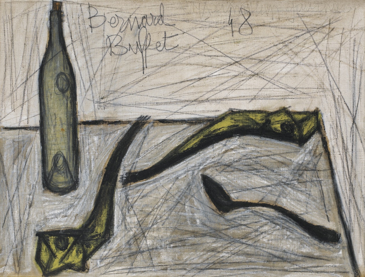 BOUTEILLE ET DEUX HARENGS SAURS by Bernard Buffet