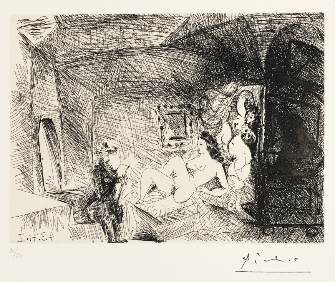 PEINTRE, MODÈLE ET TOILE DANS UNE PIÈCE VOÛTÉE DU XVIIE SIÈCLE by Pablo Picasso